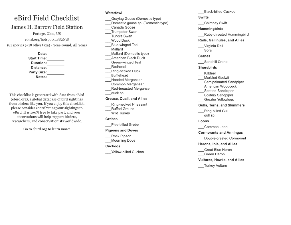 Ebird Field Checklist ___Graylag Goose (Domestic Type) Swifts ___Domestic Goose Sp