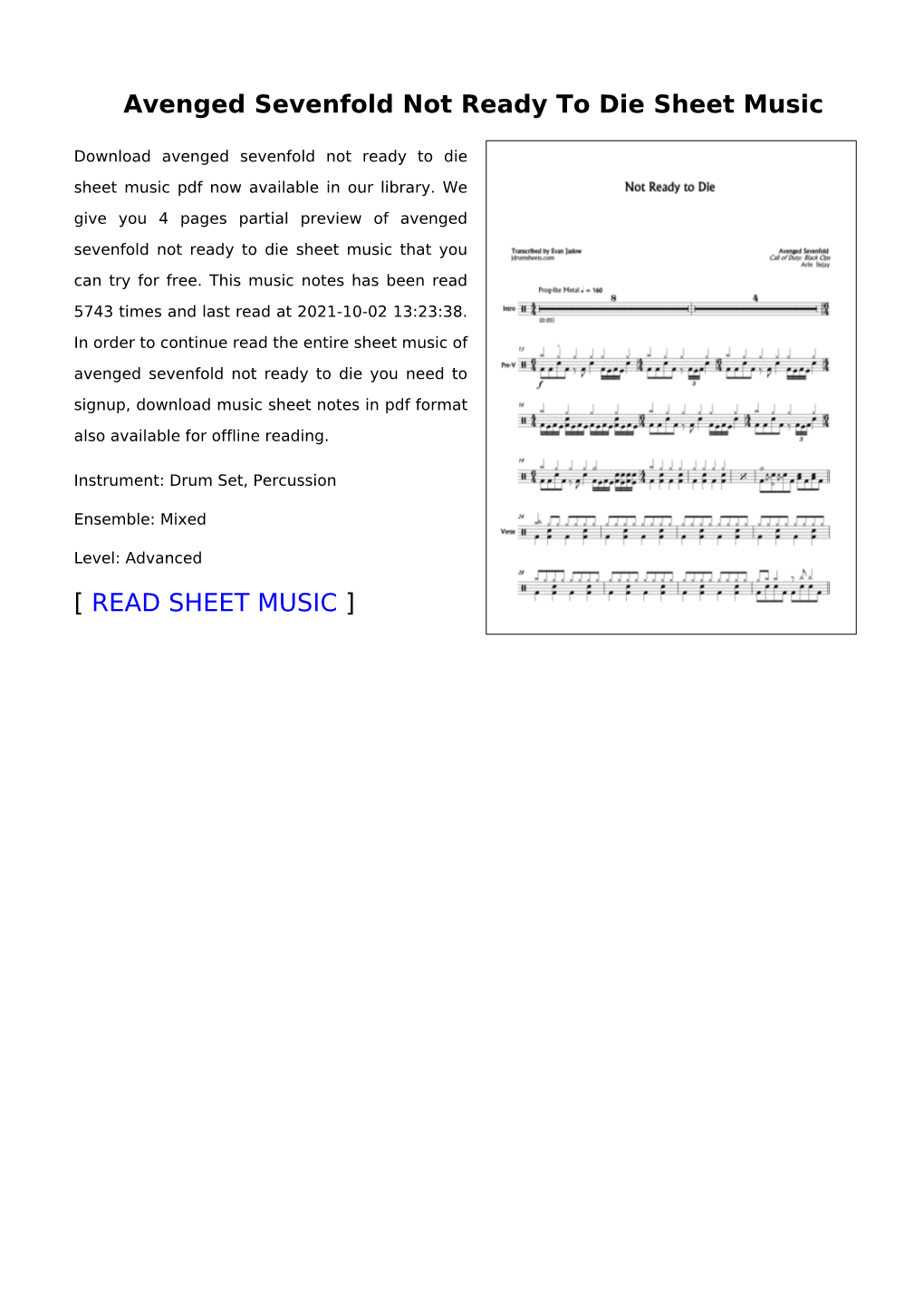 Sheet Music of Avenged Sevenfold Not Ready to Die You Need to Signup, Download Music Sheet Notes in Pdf Format Also Available for Offline Reading