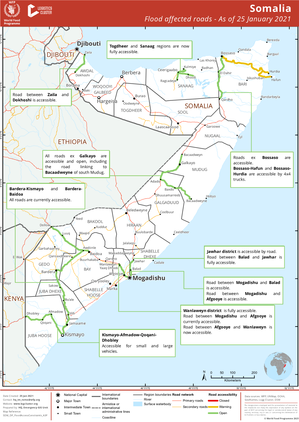 Somalia ( Flood Affected Roads - As of 25 January 2021 N " 0 ' 0 ° Bereeda 2 ! 1 Djibouti Togdheer and Sanaag Reg Ions Are Now \! Qandala Zaila Fully Accessible