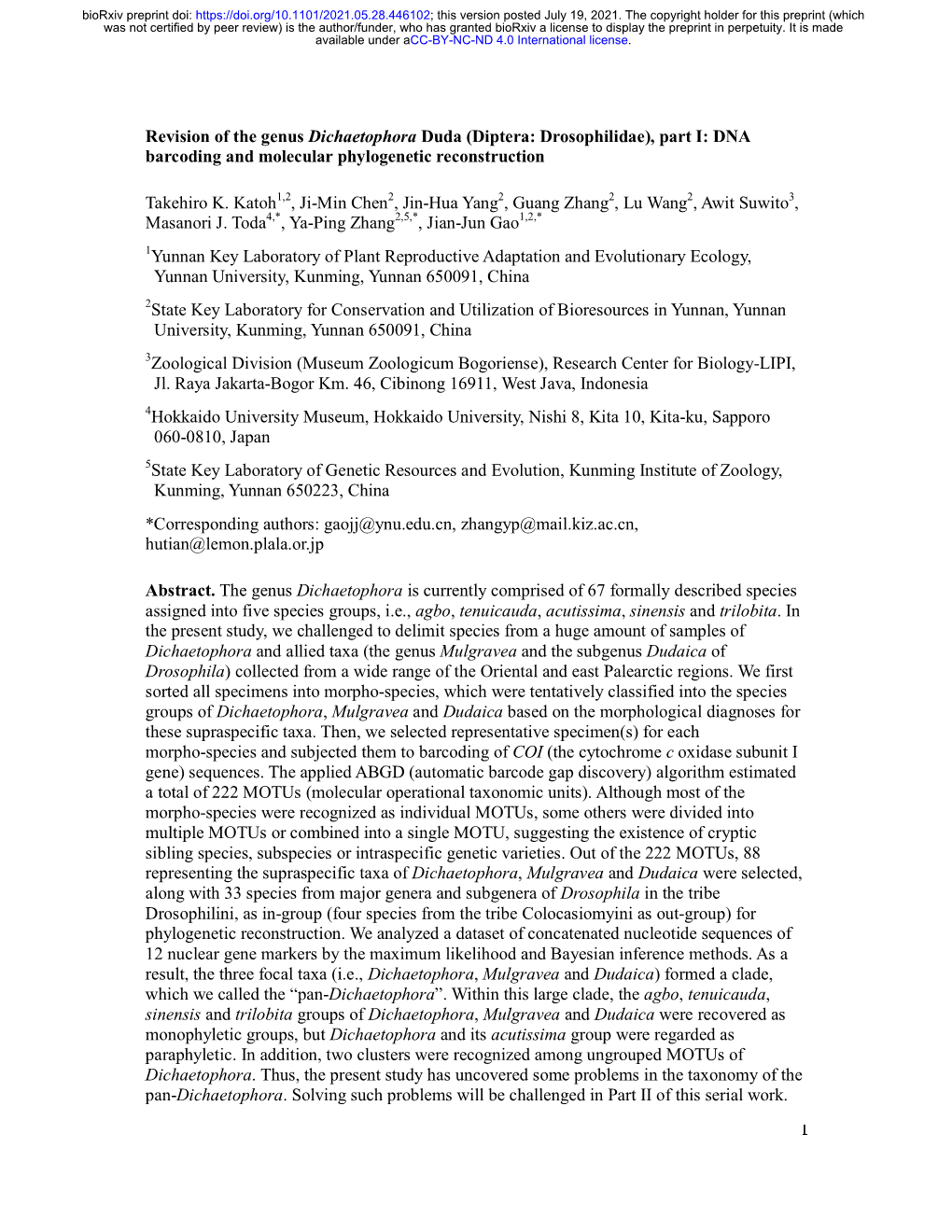 Revision of the Genus Dichaetophora Duda (Diptera: Drosophilidae), Part I: DNA Barcoding and Molecular Phylogenetic Reconstruction