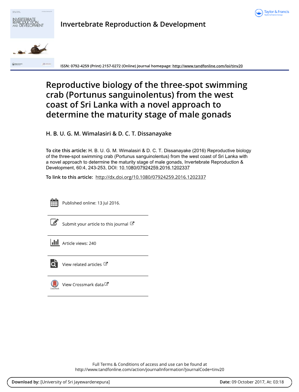 Reproductive Biology of the Three-Spot Swimming Crab (Portunus Sanguinolentus) from the West Coast of Sri Lanka with a Novel