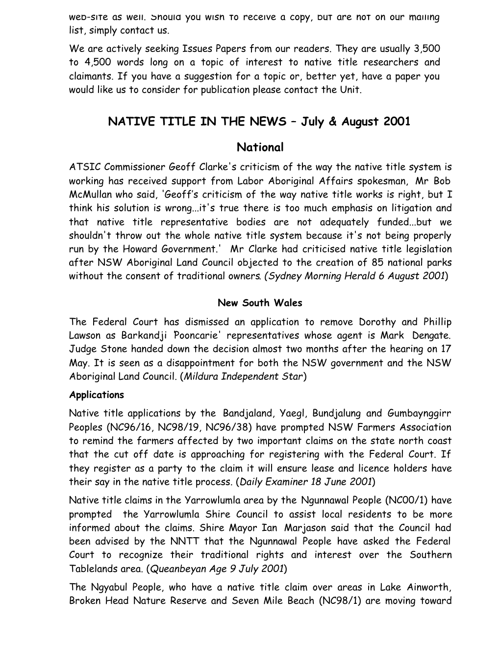 NATIVE TITLE in the NEWS – July & August 2001 National