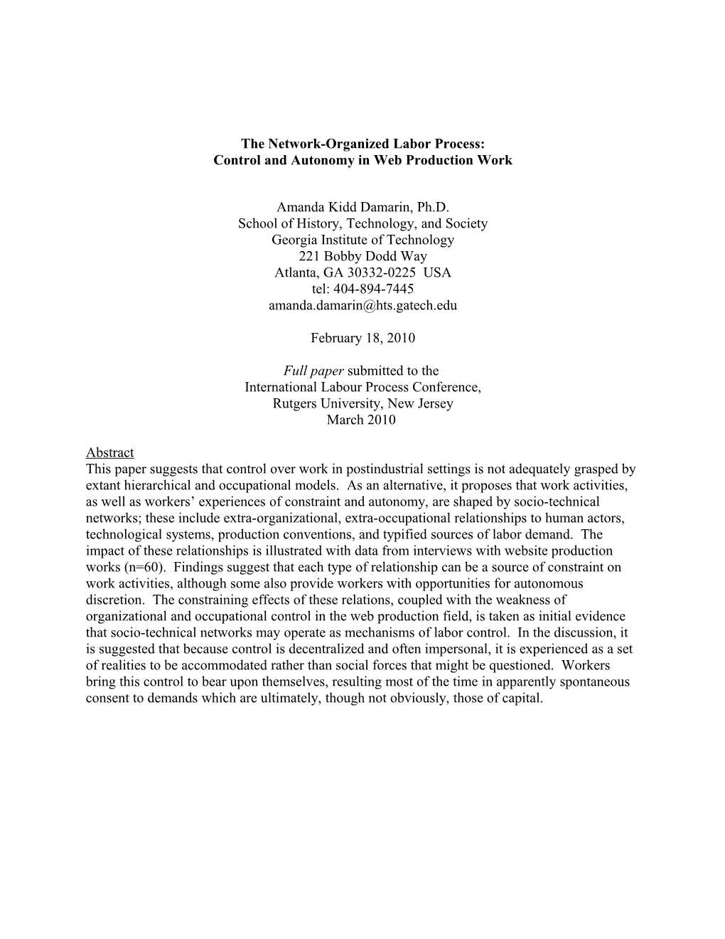 11/18/2008 Talk Worker Autonomy Draft One