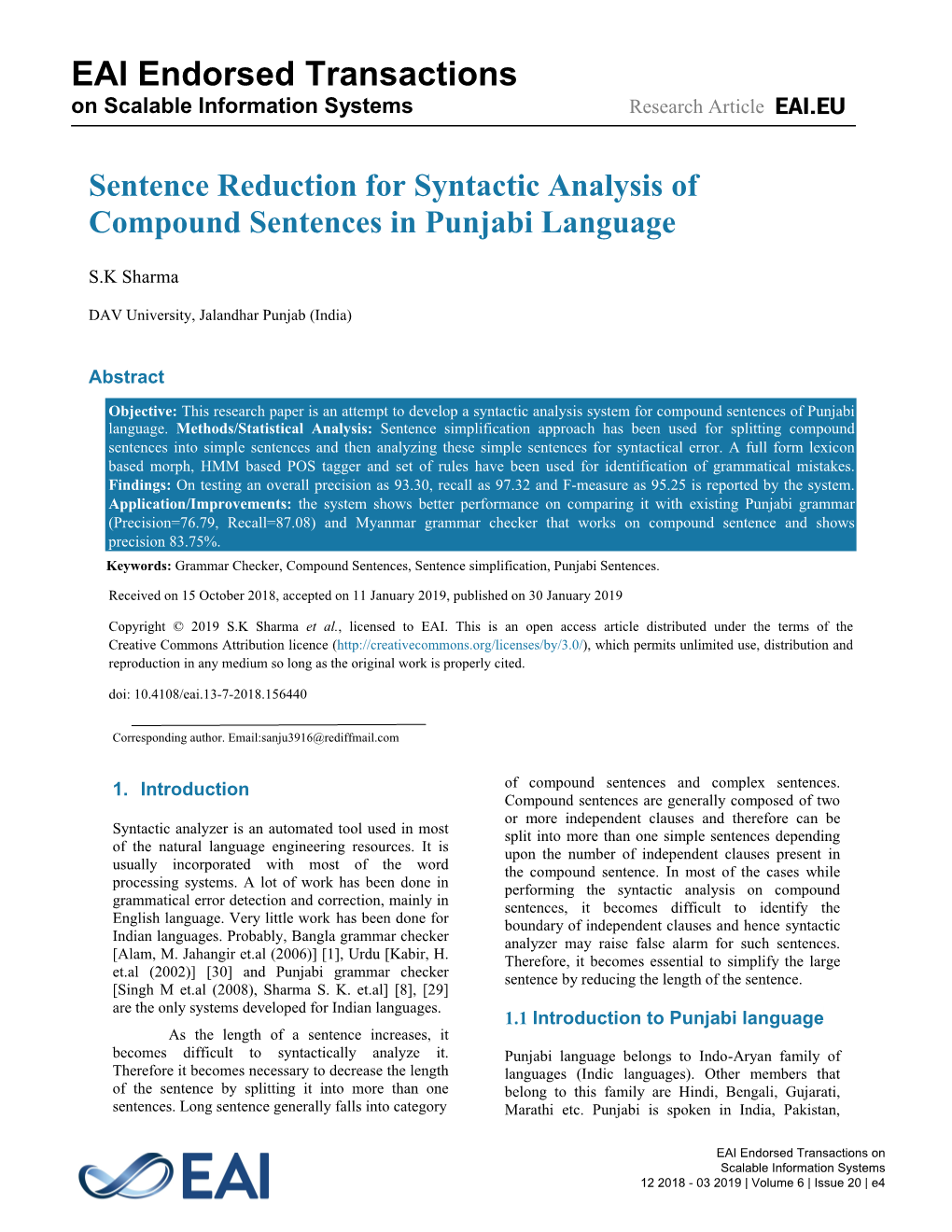 Sentence Reduction for Syntactic Analysis of Compound Sentences in Punjabi Language