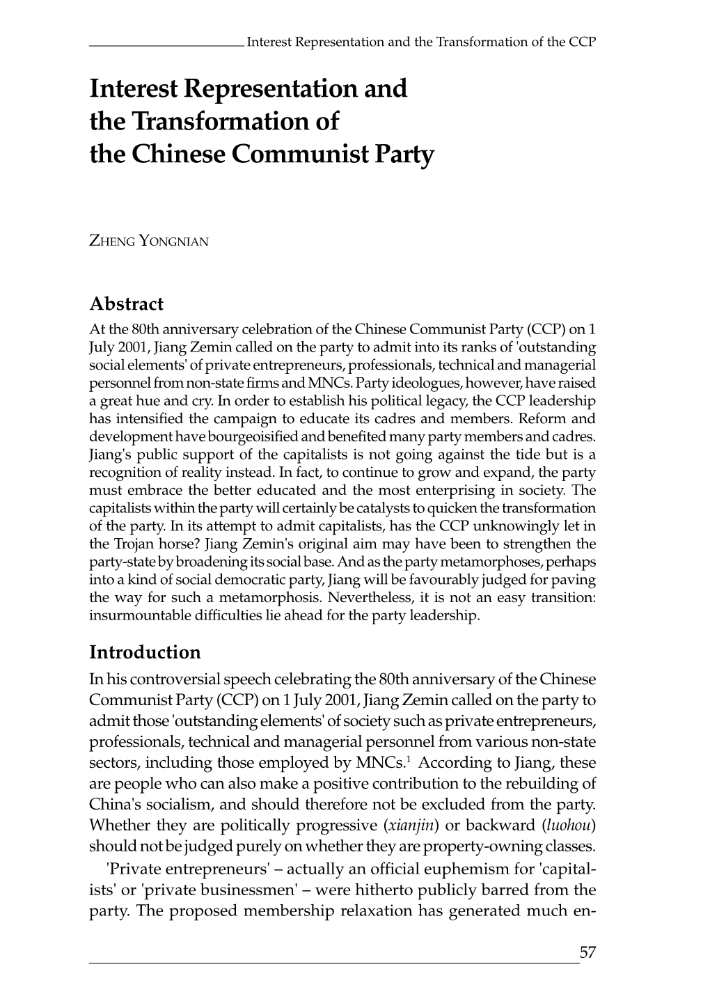 Interest Representation and the Transformation of the Chinese Communist Party