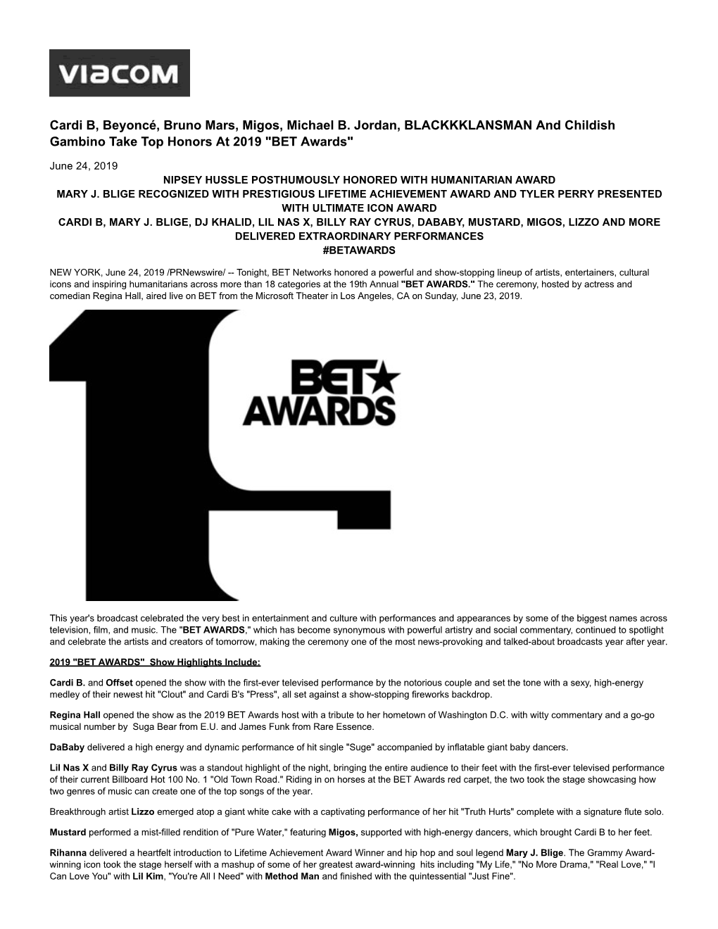 Cardi B, Beyoncé, Bruno Mars, Migos, Michael B. Jordan, BLACKKKLANSMAN and Childish Gambino Take Top Honors at 2019 "BET Awards"