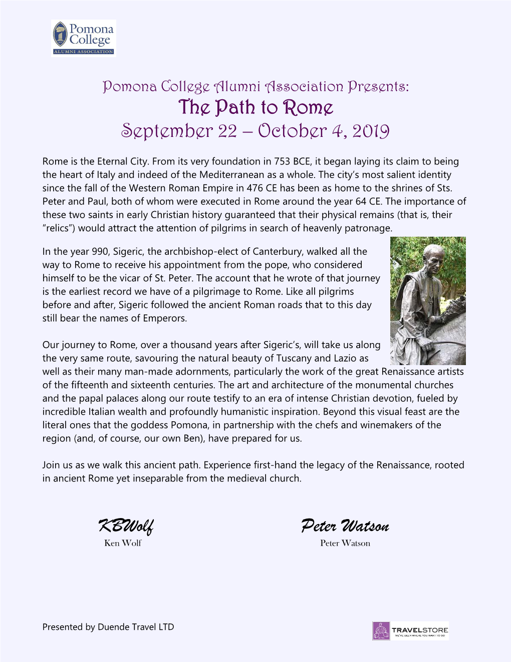 Pomona College Alumni Association Presents: the Path to Rome September 22 – October 4, 2019