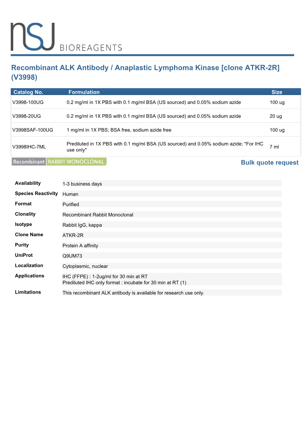 Recombinant ALK Antibody / Anaplastic Lymphoma Kinase [Clone ATKR-2R] (V3998)