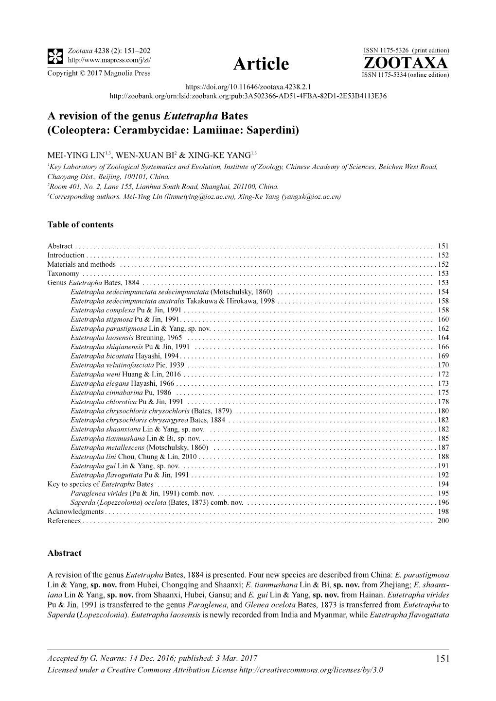 A Revision of the Genus Eutetrapha Bates (Coleoptera: Cerambycidae: Lamiinae: Saperdini)