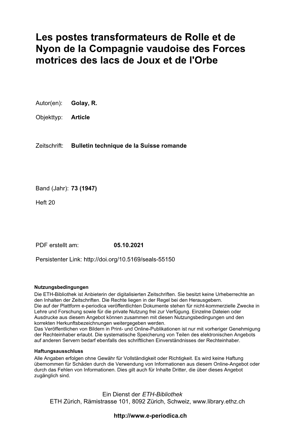 Les Postes Transformateurs De Rolle Et De Nyon De La Compagnie Vaudoise Des Forces Motrices Des Lacs De Joux Et De L'orbe