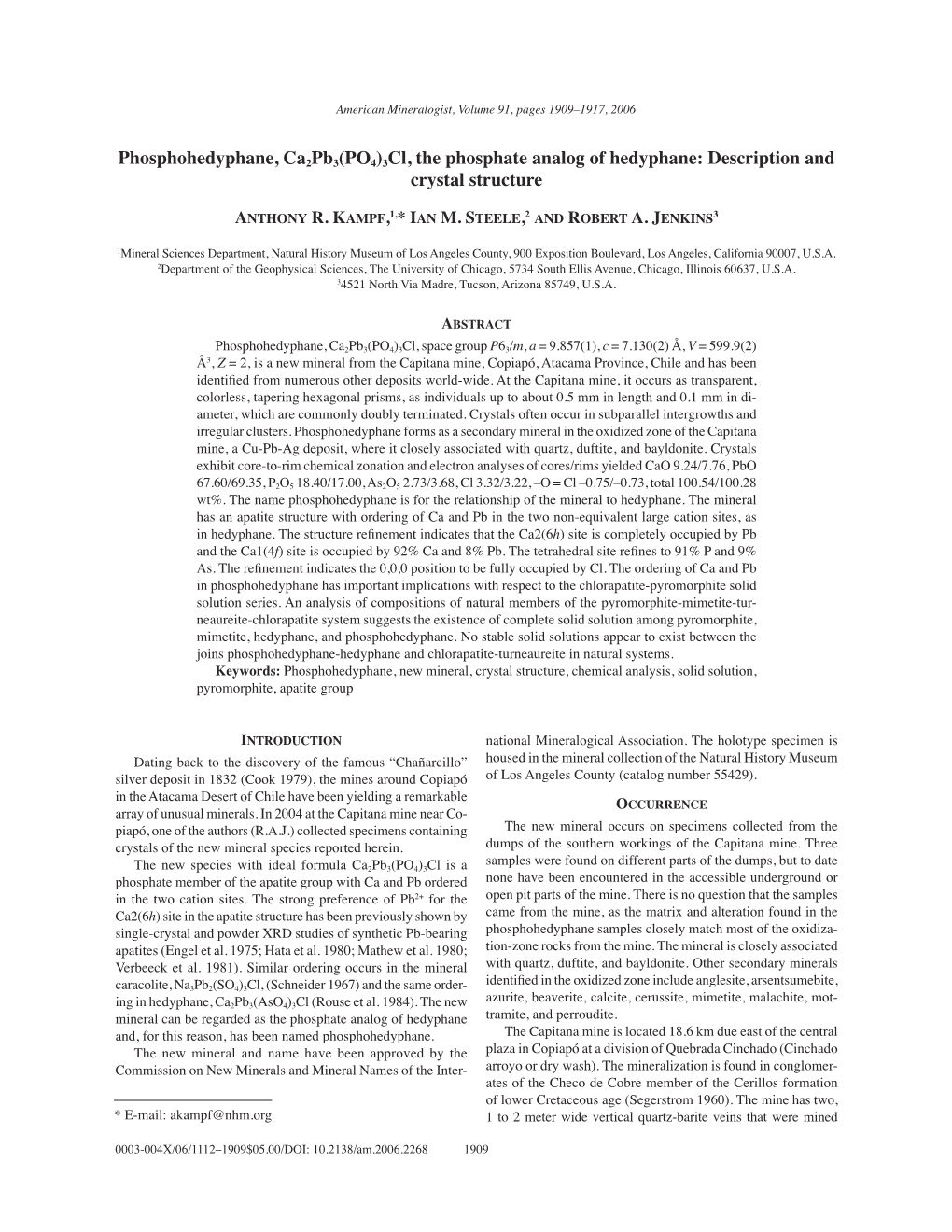 Phosphohedyphane, Ca2pb3(PO4)3Cl, the Phosphate Analog of Hedyphane: Description and Crystal Structure