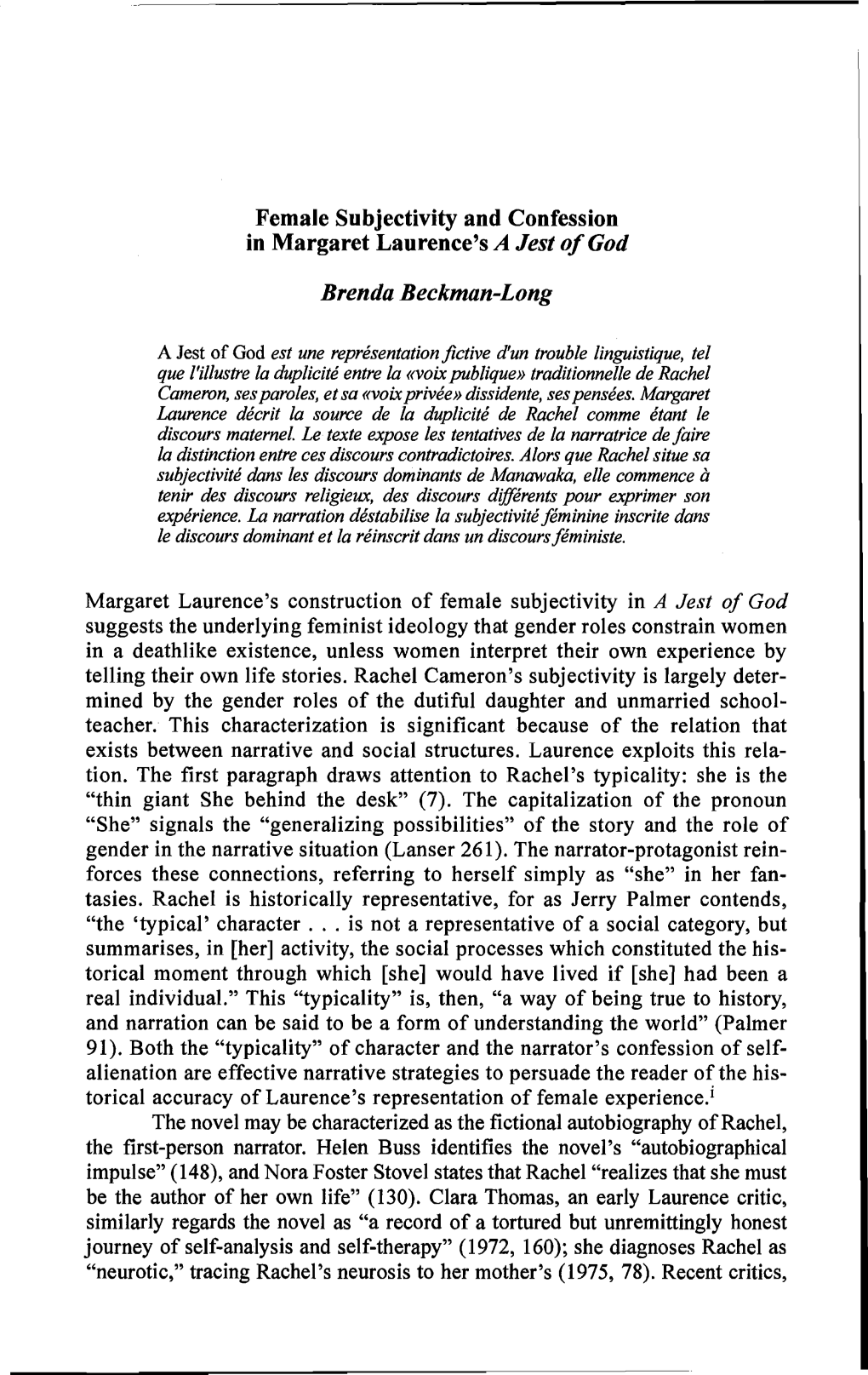 Female Subjectivity and Confession in Margaret Laurence's a Jest of God