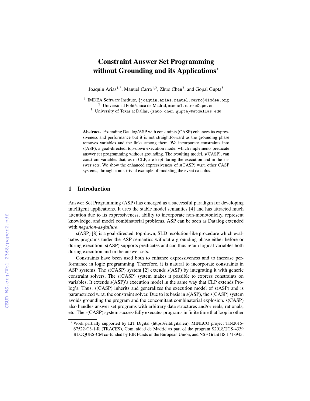 Constraint Answer Set Programming Without Grounding and Its Applications?