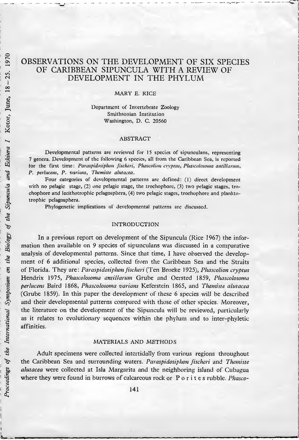 ^ Observations on the Development of Six Species of Caribbean Sipuncula with a Review of ^U-) Development in the Phylum