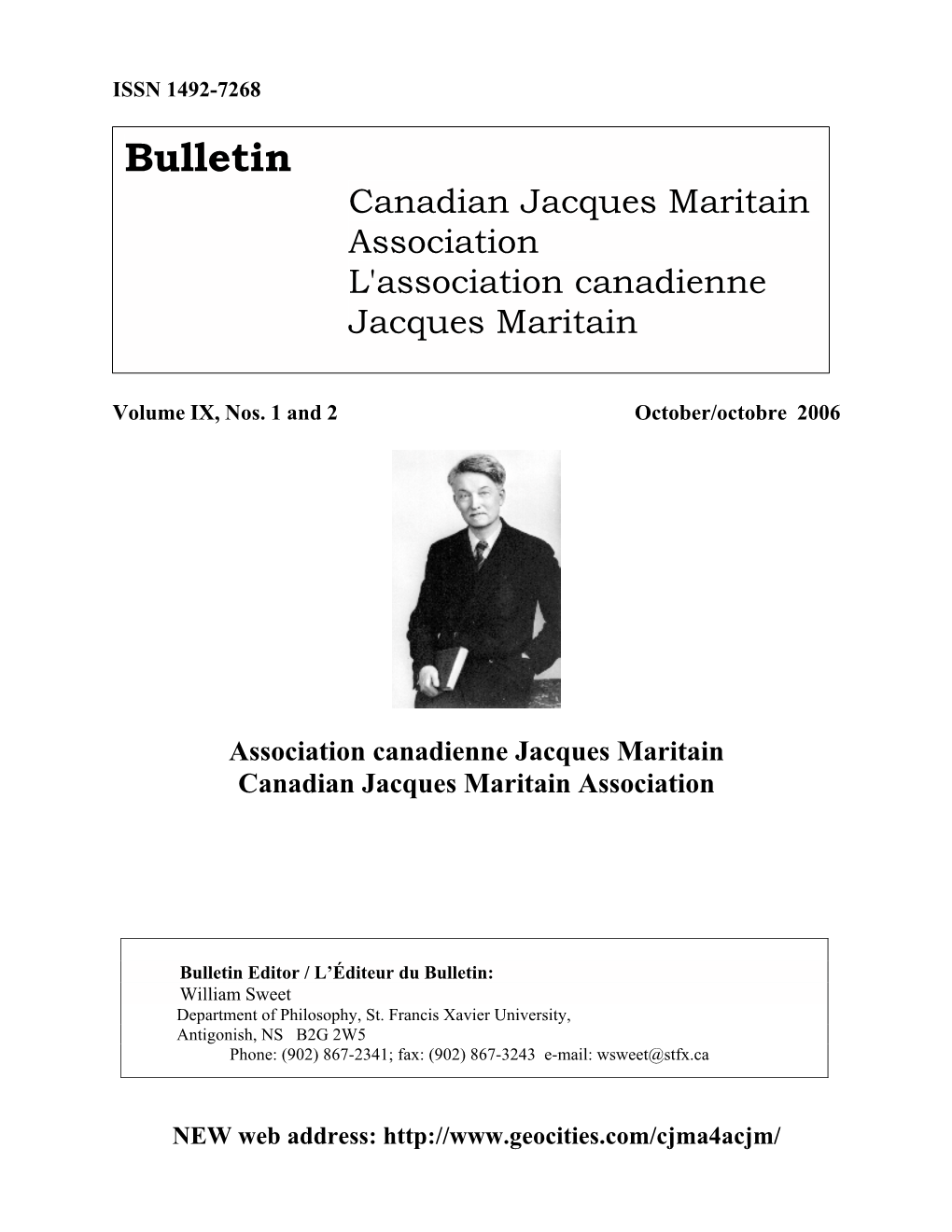 Bulletin Canadian Jacques Maritain Association L'association Canadienne Jacques Maritain