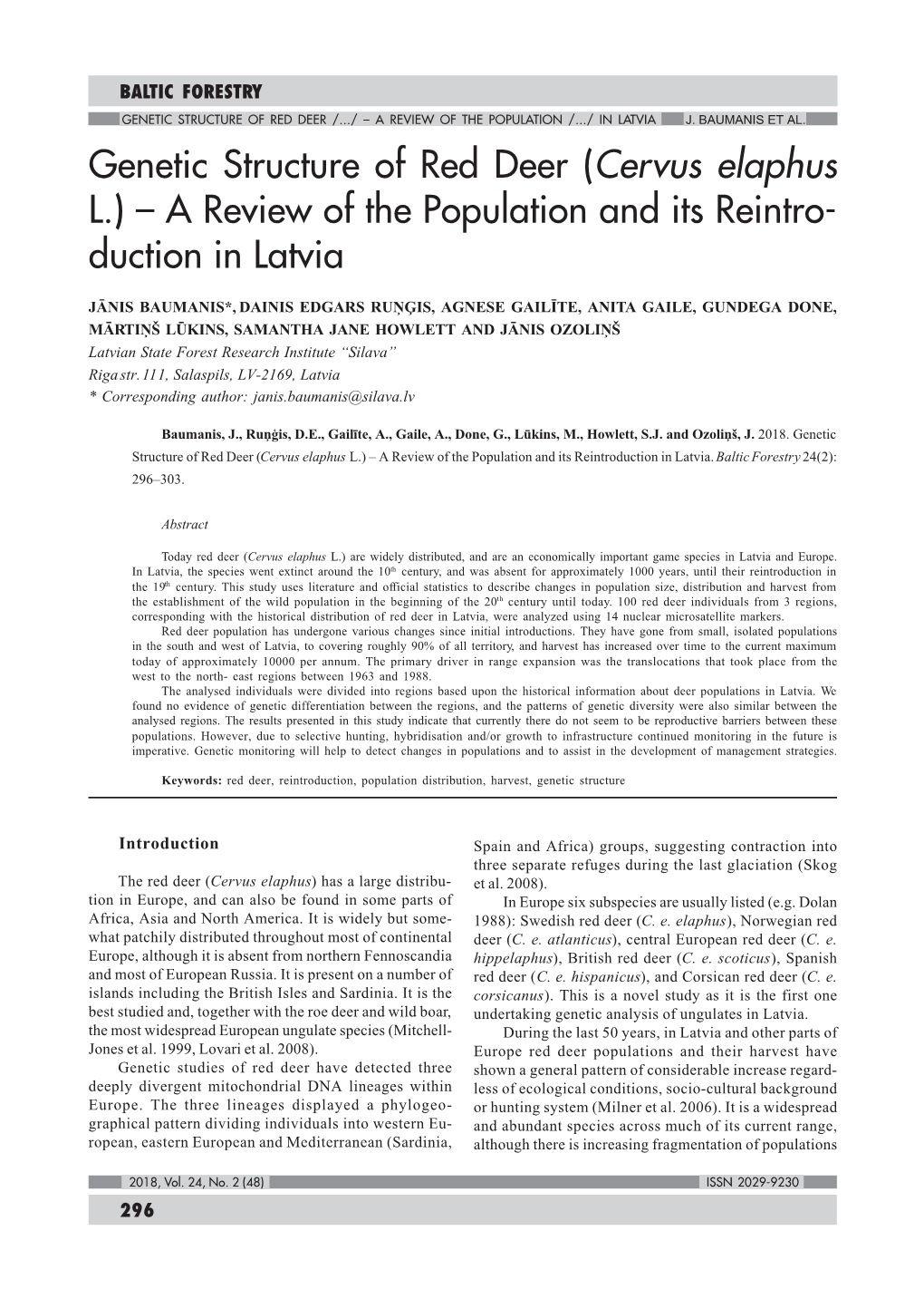 Genetic Structure of Red Deer /.../ – a Review of the Population /.../ in Latvia J