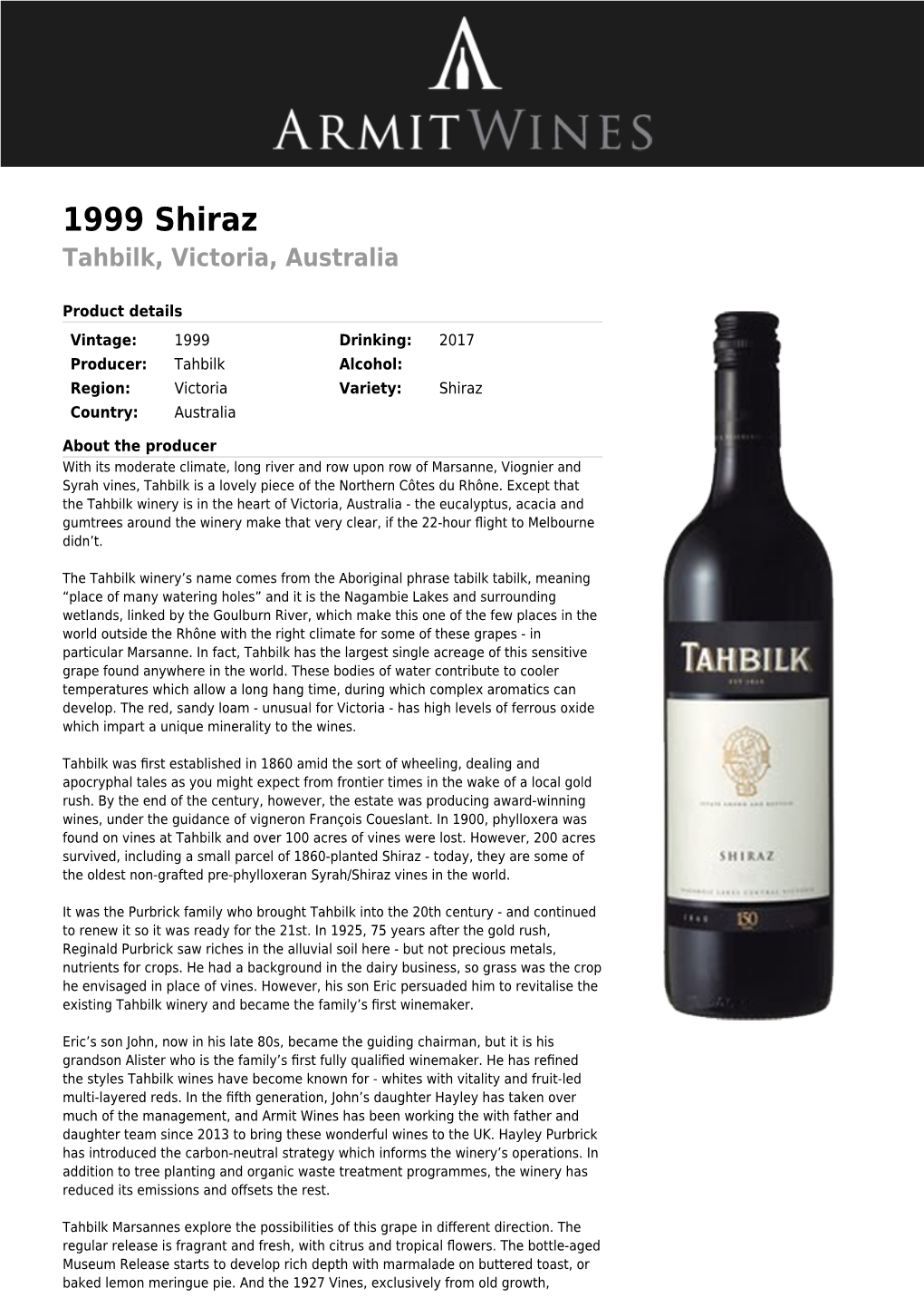 1999 Shiraz Tahbilk, Victoria, Australia