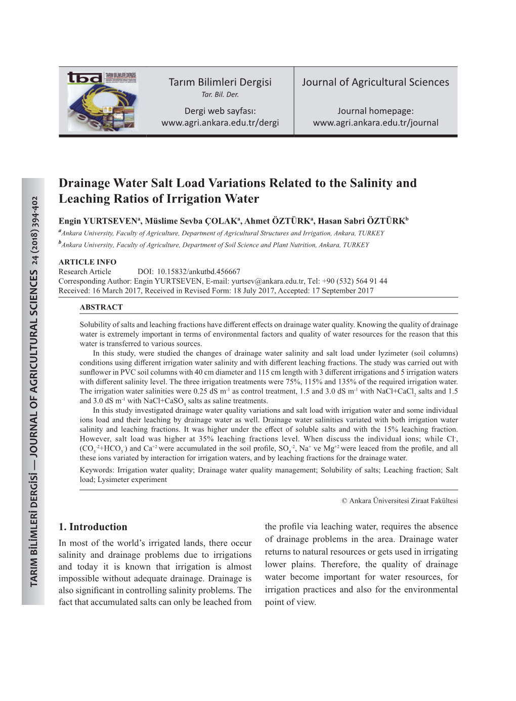 Drainage Water Salt Load Variations Related to the Salinity and Leaching Ratios of Irrigation Water