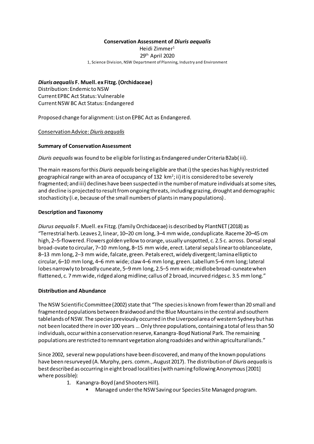 Conservation Assessment of Diuris Aequalis Heidi Zimmer1 29Th April 2020 1, Science Division, NSW Department of Planning, Industry and Environment