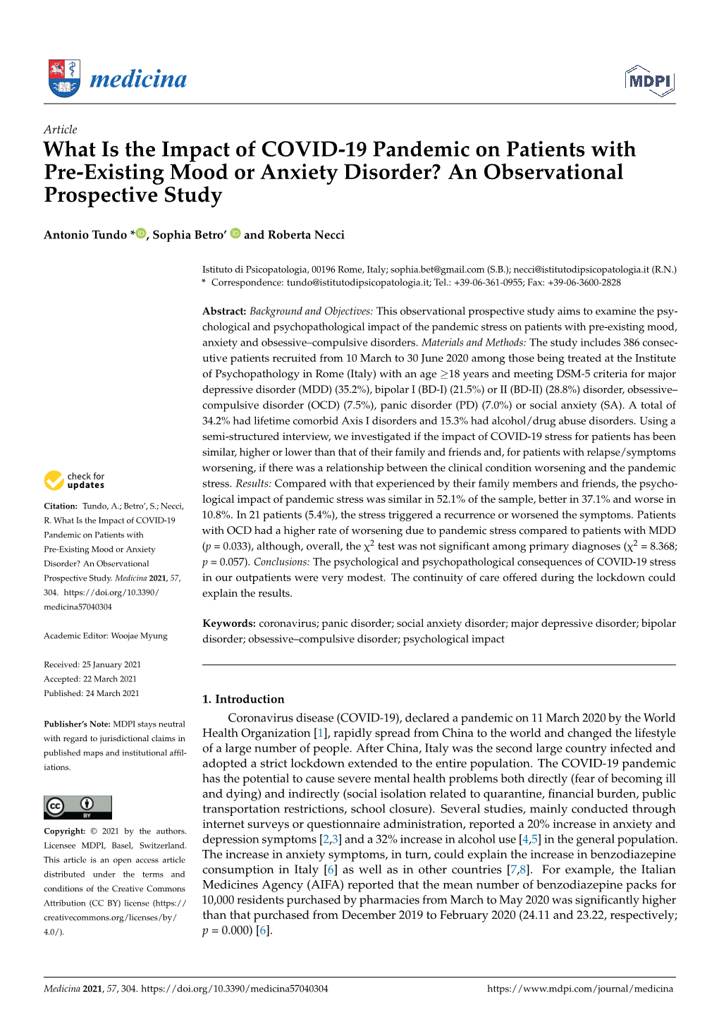 What Is the Impact of COVID-19 Pandemic on Patients with Pre-Existing Mood Or Anxiety Disorder? an Observational Prospective Study