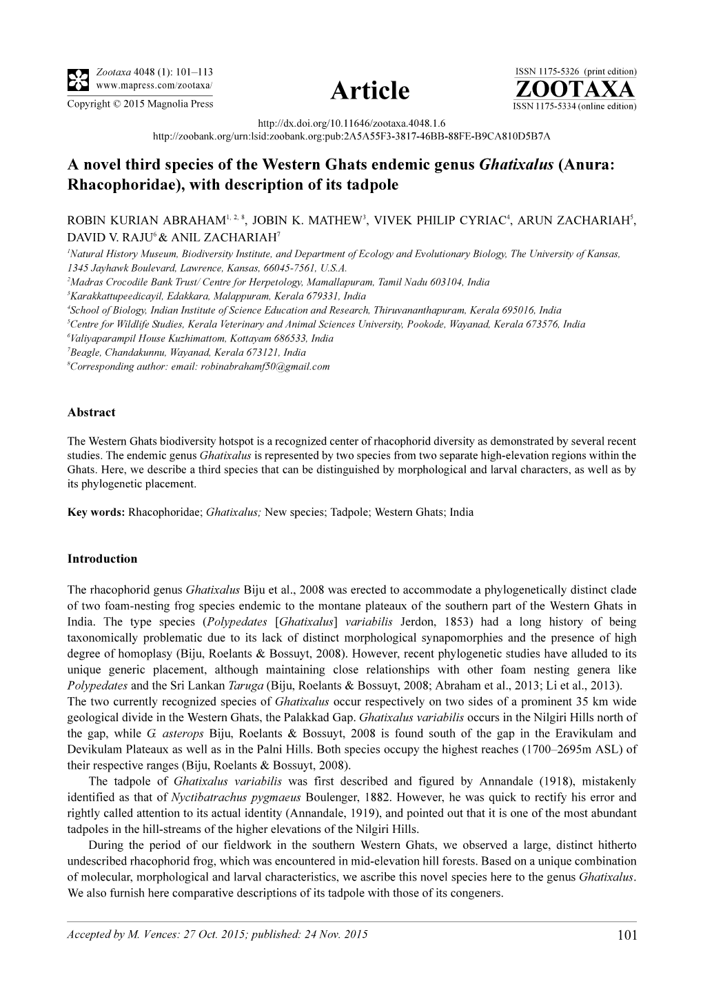 A Novel Third Species of the Western Ghats Endemic Genus Ghatixalus (Anura: Rhacophoridae), with Description of Its Tadpole