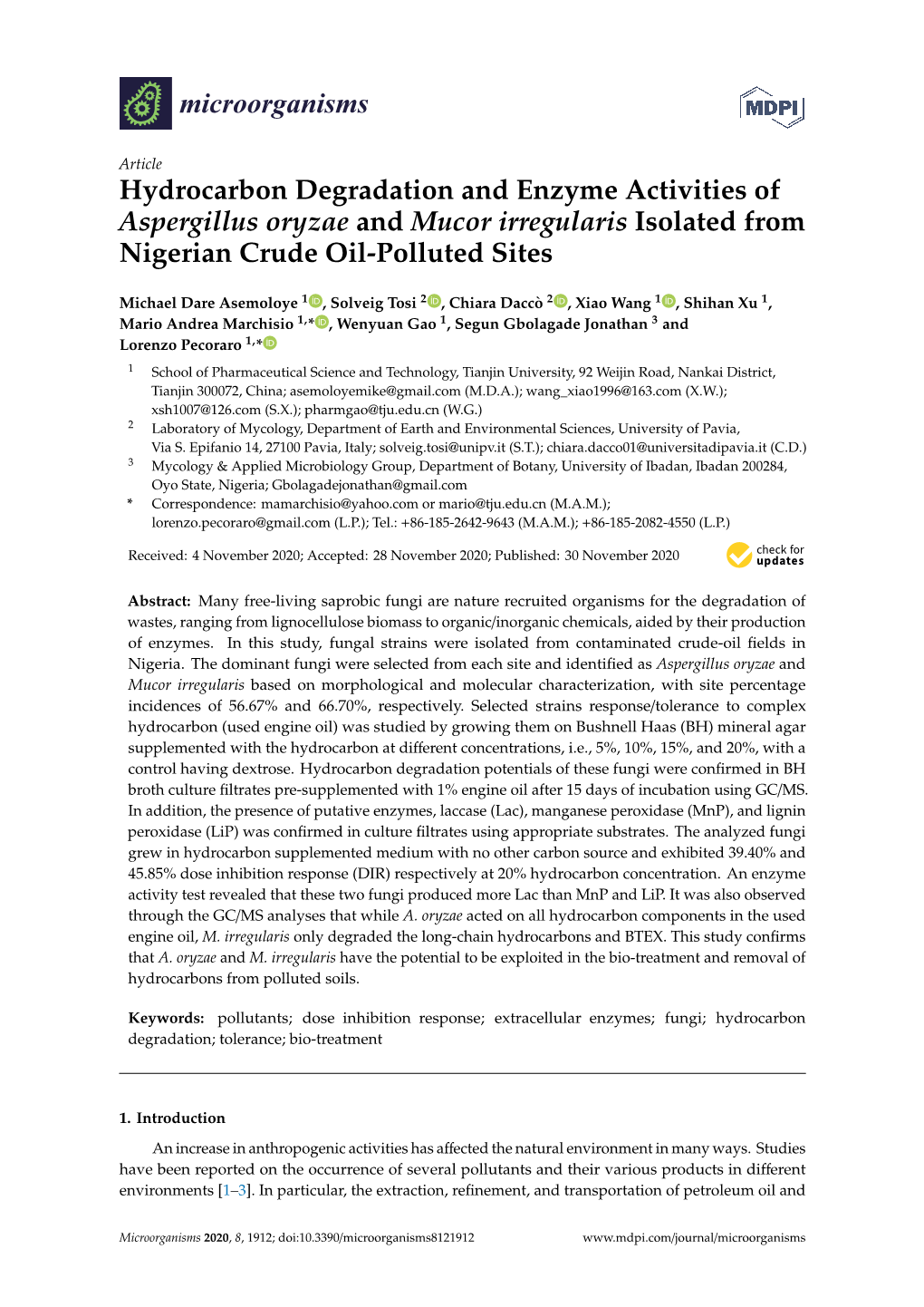 Hydrocarbon Degradation and Enzyme Activities of Aspergillus Oryzae and Mucor Irregularis Isolated from Nigerian Crude Oil-Polluted Sites