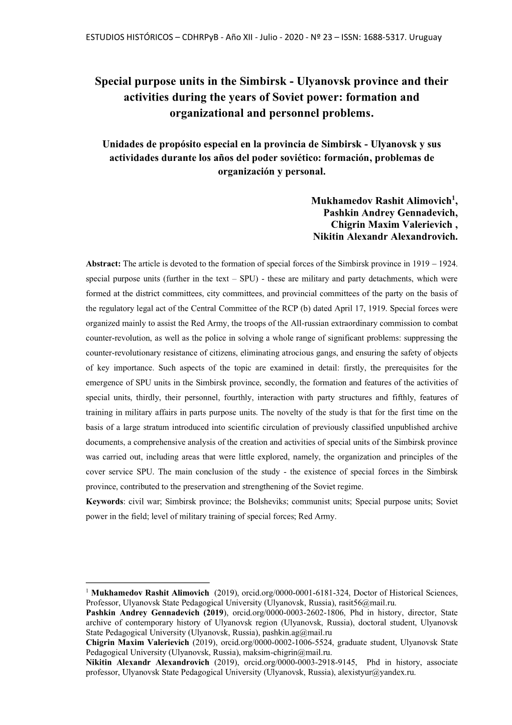 Special Purpose Units in the Simbirsk - Ulyanovsk Province and Their Activities During the Years of Soviet Power: Formation and Organizational and Personnel Problems