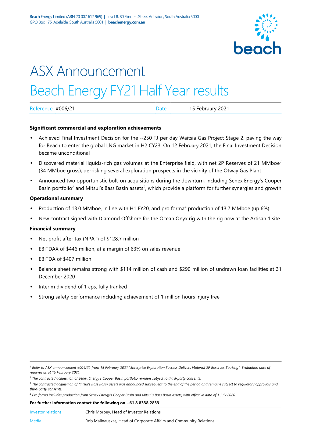 ASX Announcement Beach Energy FY21 Half Year Results