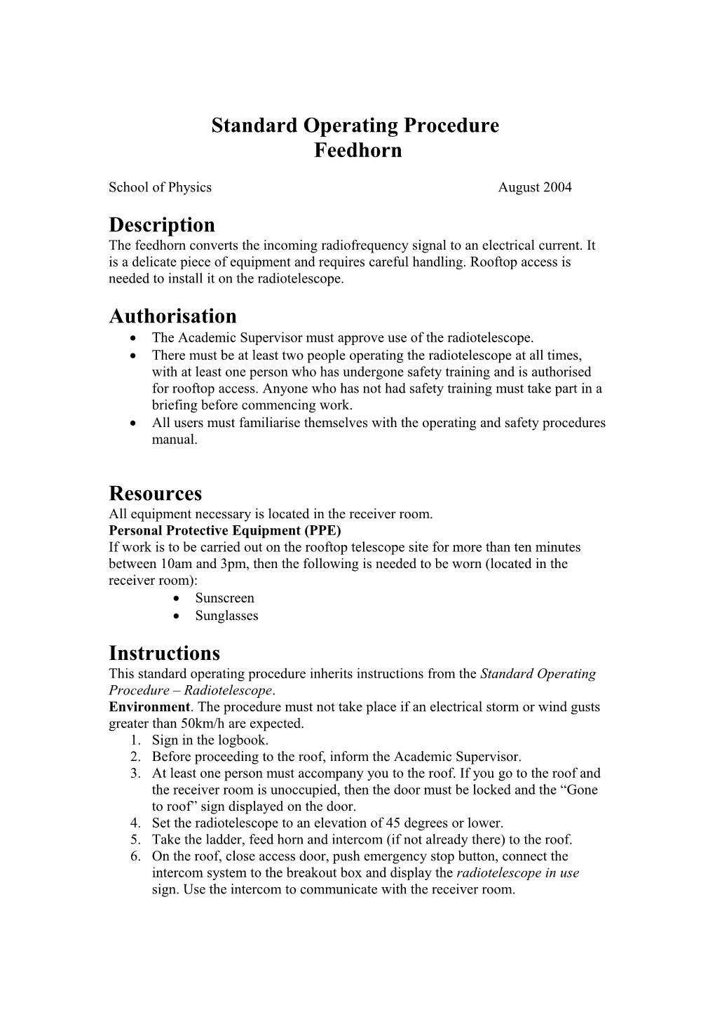 Standard Operating Procedure for Installing/Removing Radiotelescope Feedhorn