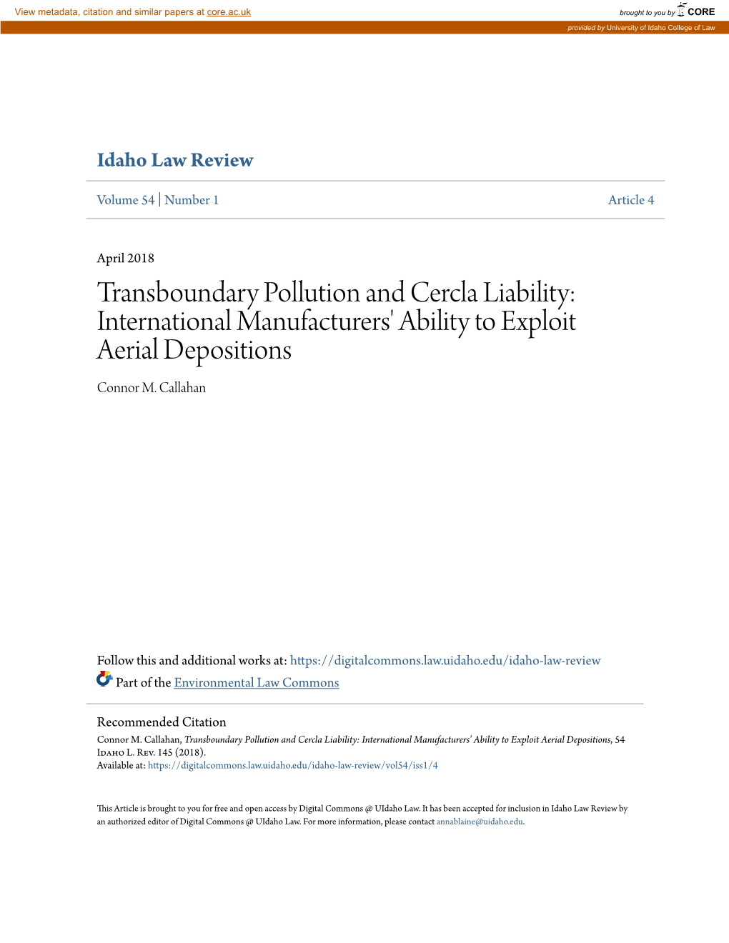 Transboundary Pollution and Cercla Liability: International Manufacturers' Ability to Exploit Aerial Depositions Connor M