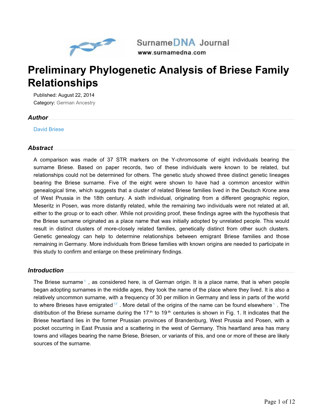 Preliminary Phylogenetic Analysis of Briese Family Relationships Published: August 22, 2014 Category: German Ancestry