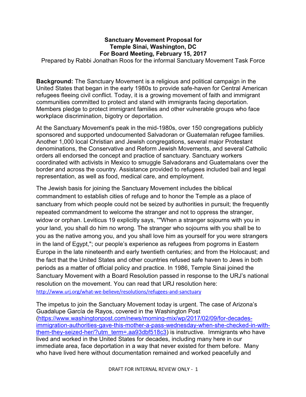 Sanctuary Movement Proposal for Temple Sinai, Washington, DC For