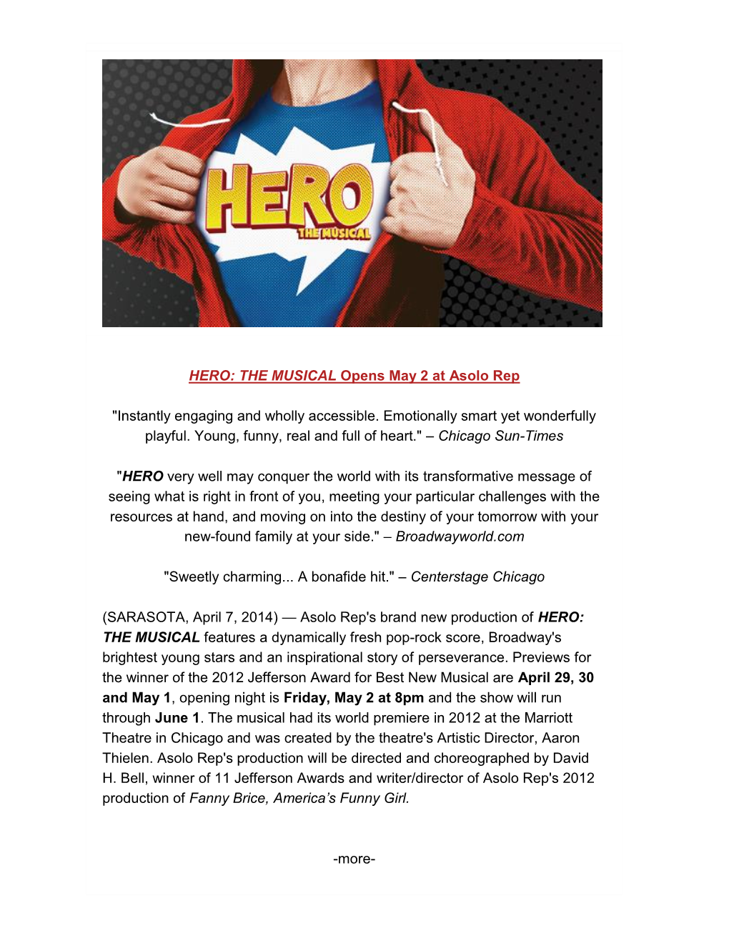 HERO: the MUSICAL Opens May 2 at Asolo Rep