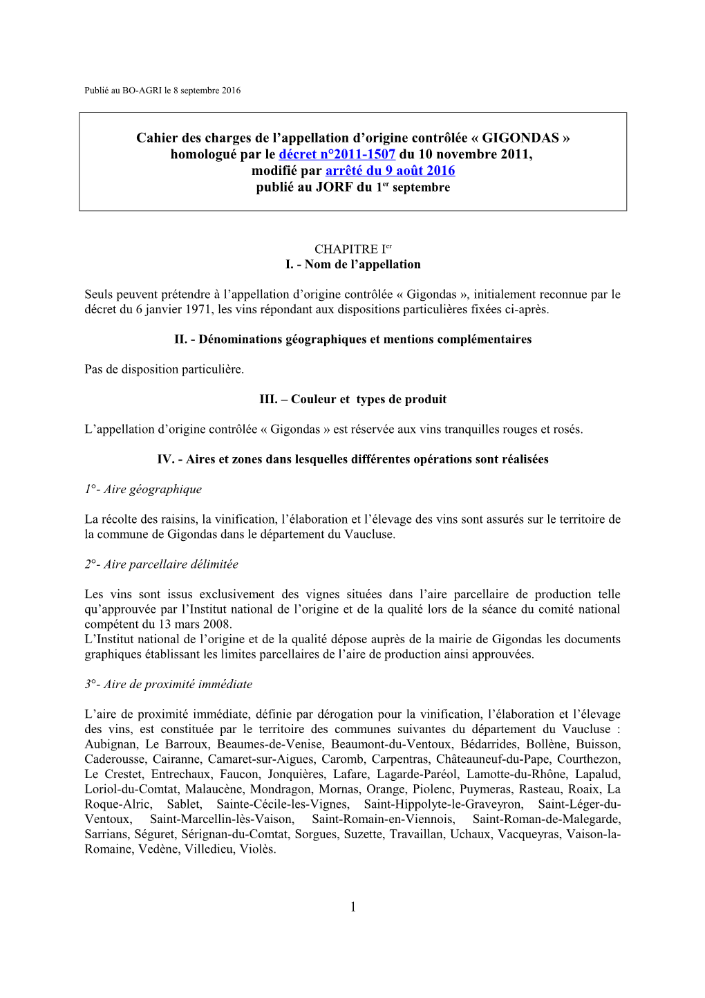 Cahier Des Charges De L'appellation D'origine Contrôlée Gigondas