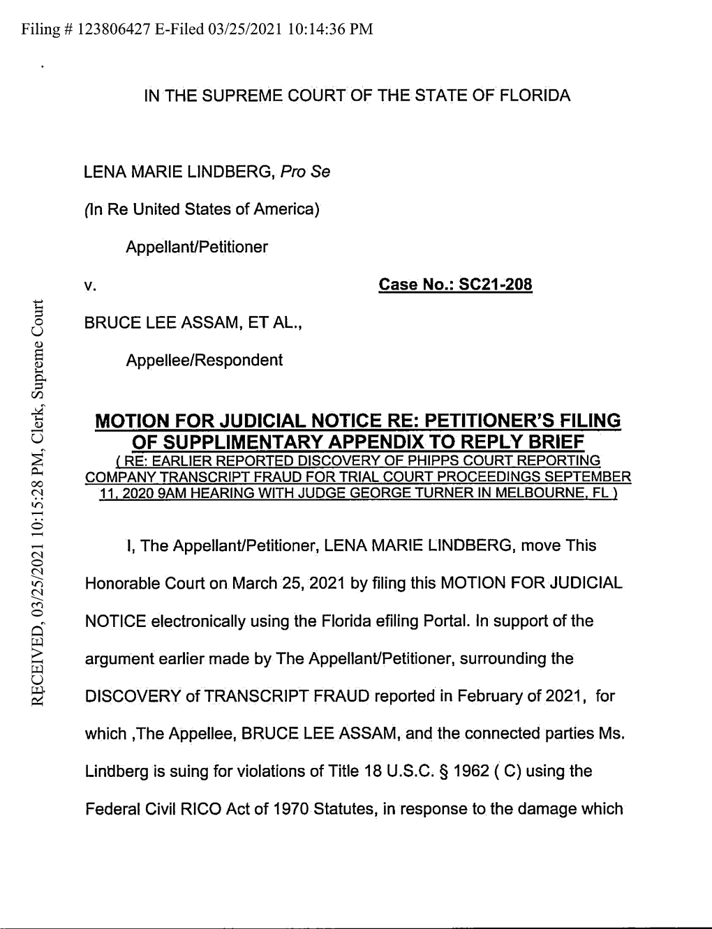 O of SUPPLIMENTARY APPENDIX to REPLY BRIEF ( RE: EARLIER REPORTED DISCOVERY of PHIPPS COURT REPORTING COMPANY TRANSCRIPT FRAUD for TRIAL COURT PROCEEDINGS SEPTEMBER U