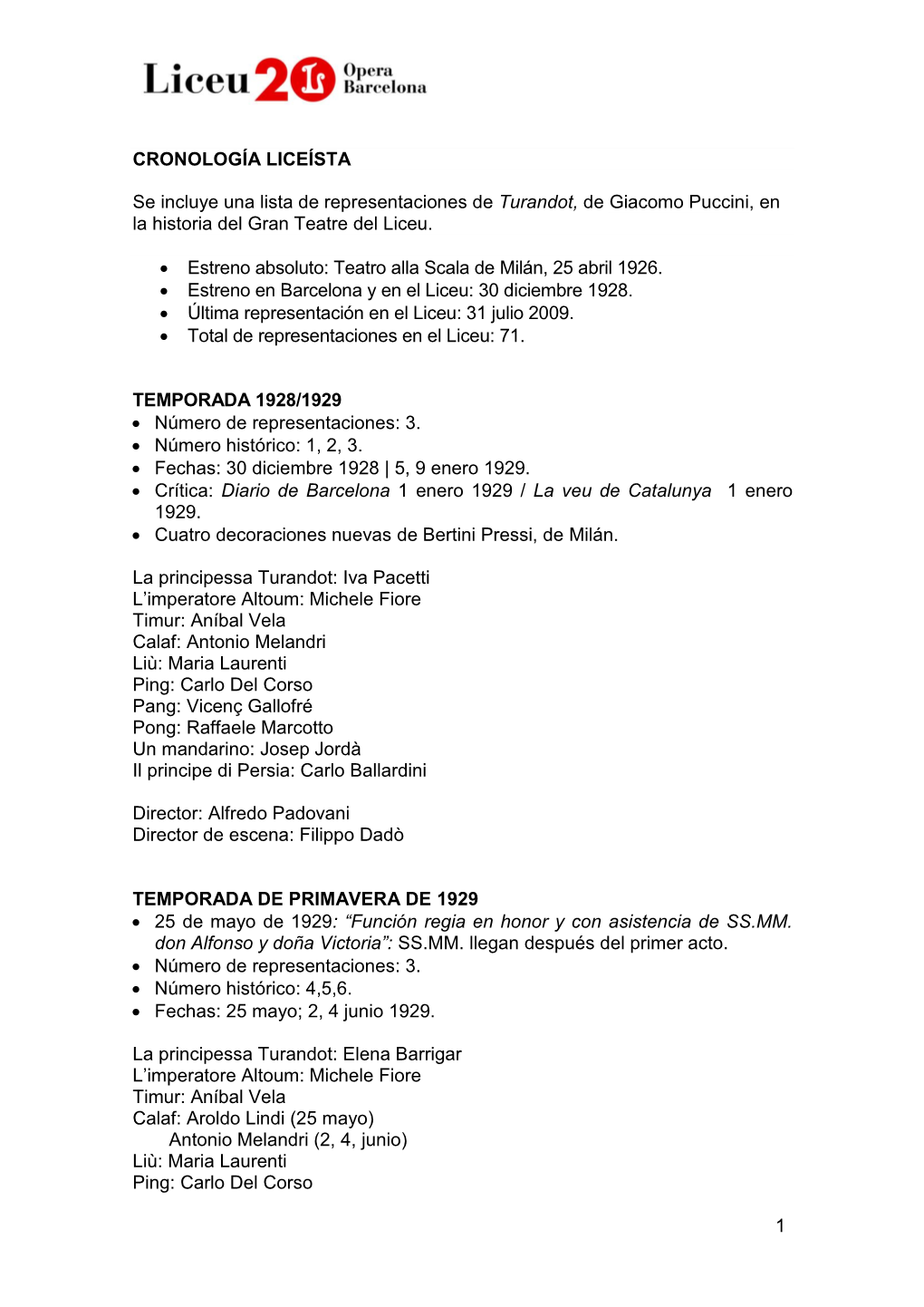 1 CRONOLOGÍA LICEÍSTA Se Incluye Una Lista De Representaciones De