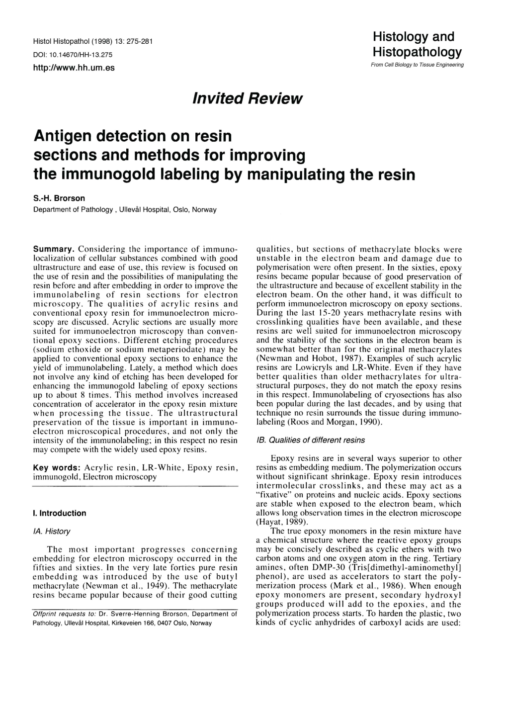 Invited Review Antigen Detection on Resin Sections and Methods For