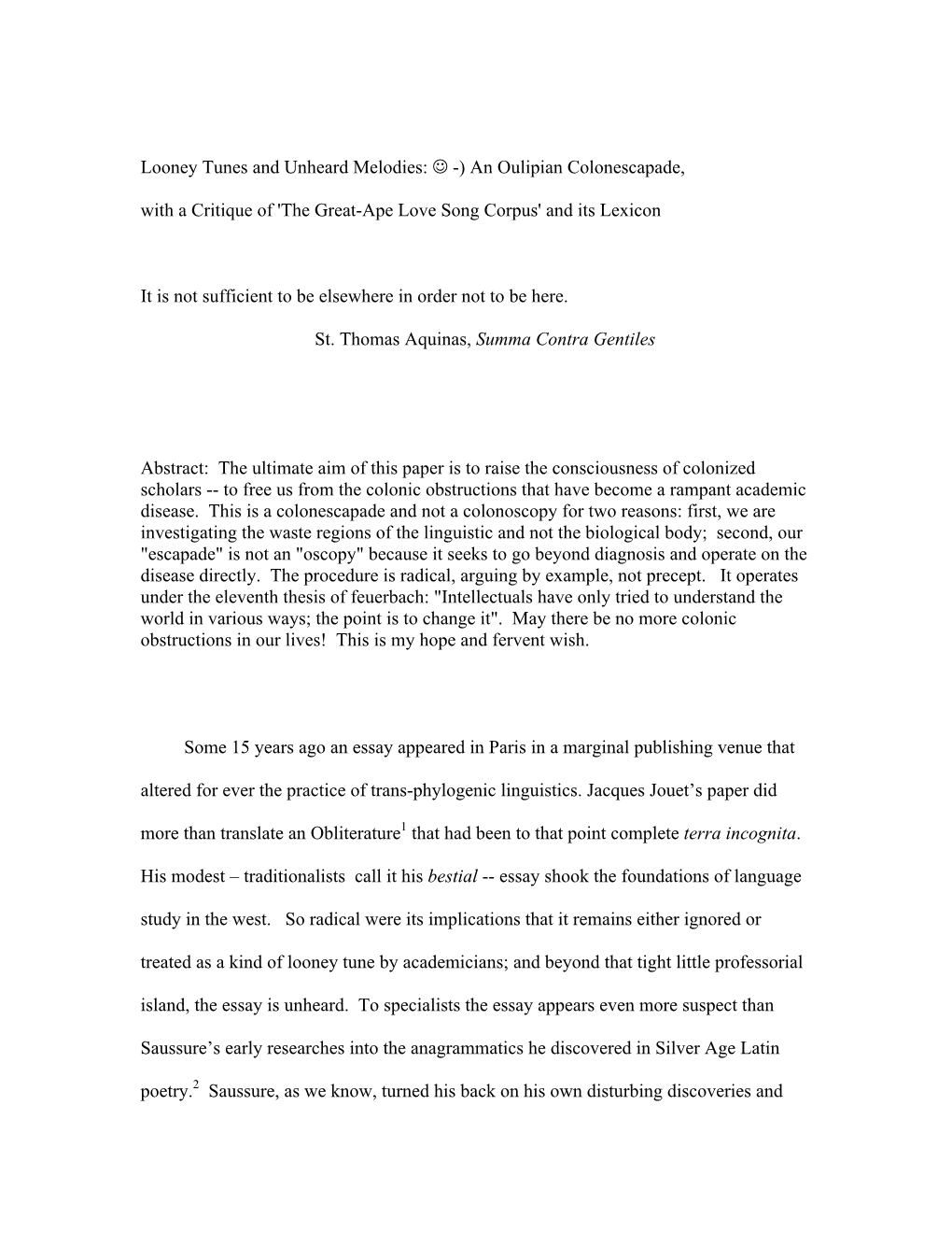 Looney Tunes and Unheard Melodies: -) an Oulipian Colonescapade, with a Critique of 'The Great-Ape Love Song Corpus' and It