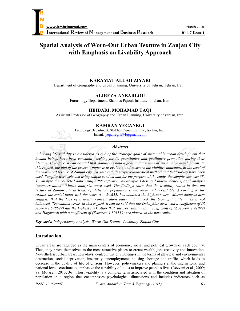 Spatial Analysis of Worn-Out Urban Texture in Zanjan City with Emphasis on Livability Approach