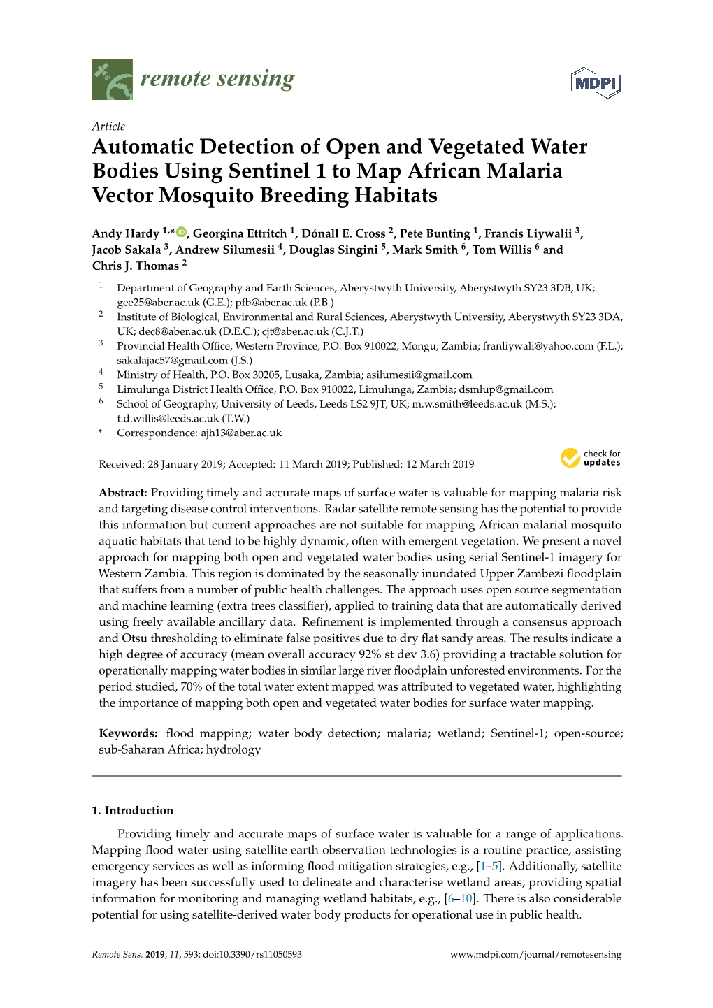 Automatic Detection of Open and Vegetated Water Bodies Using Sentinel 1 to Map African Malaria Vector Mosquito Breeding Habitats