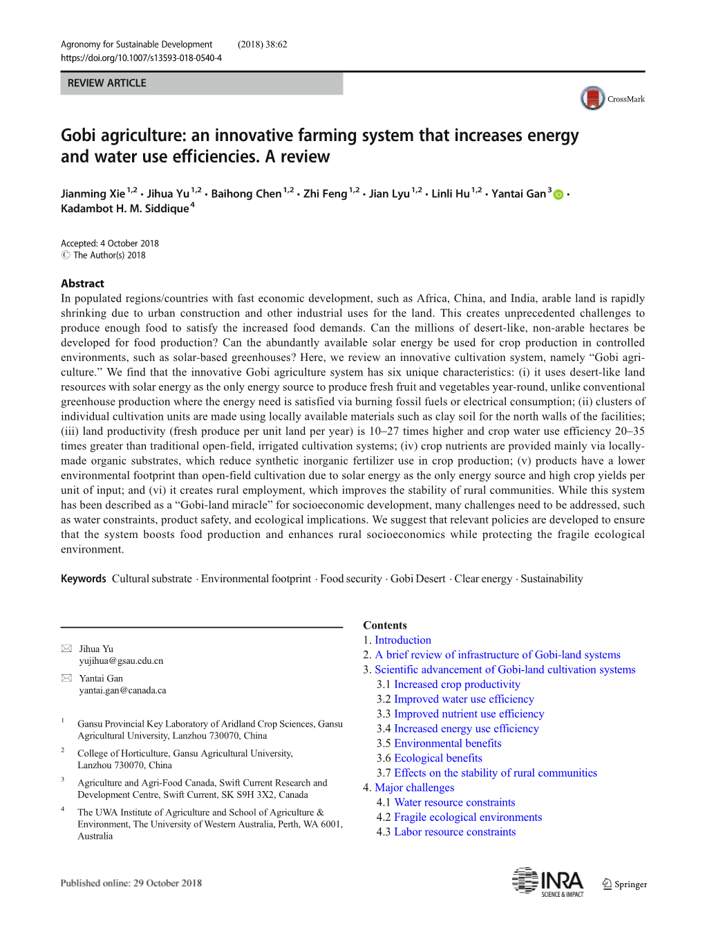 Gobi Agriculture: an Innovative Farming System That Increases Energy and Water Use Efficiencies