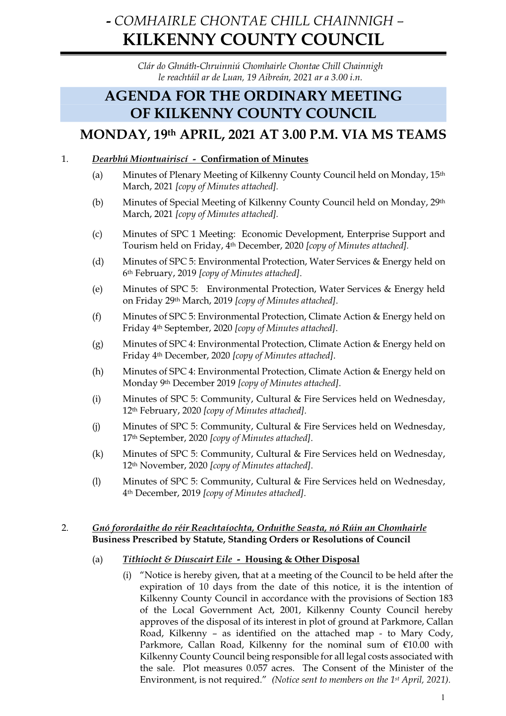 Agenda for the Ordinary Meeting of Kilkenny County Council