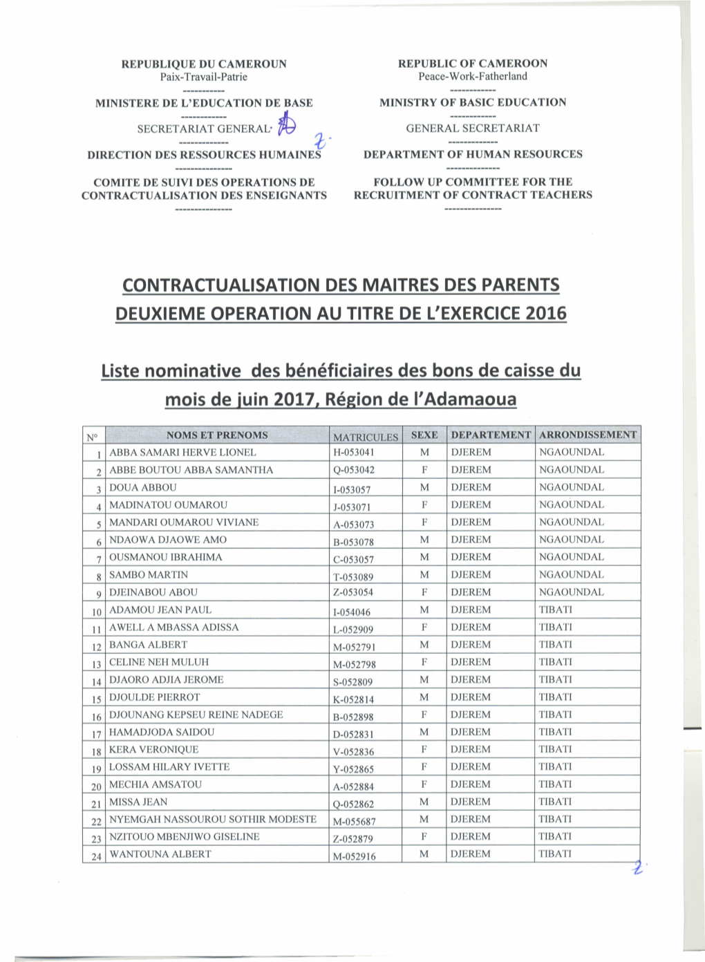 Contractualisation Des Maitres Des Parents Deuxieme Operation Au Titre De L'exercice 2016