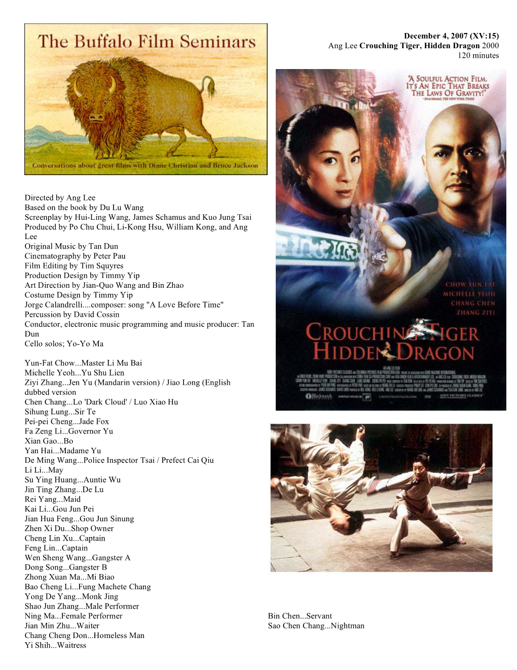 Ang Lee Crouching Tiger, Hidden Dragon 2000 120 Minutes Directed