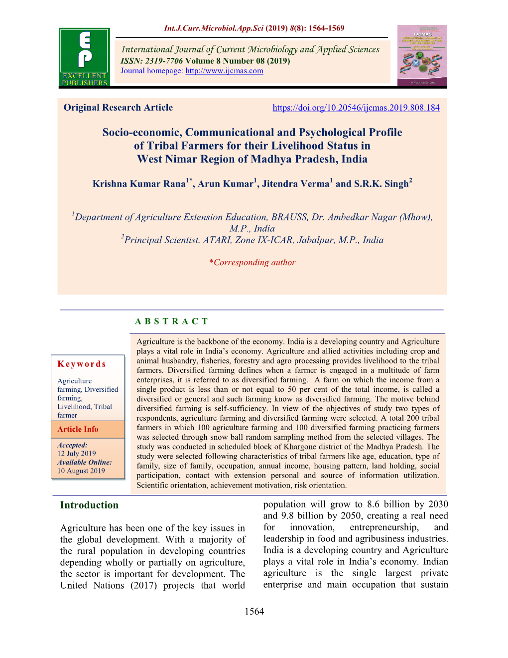 Socio-Economic, Communicational and Psychological Profile of Tribal Farmers for Their Livelihood Status in West Nimar Region of Madhya Pradesh, India