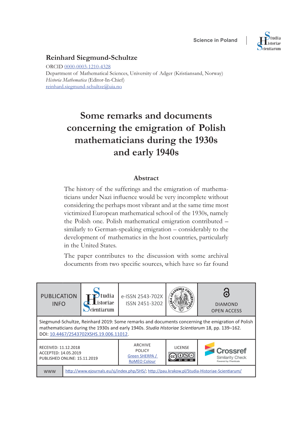 Some Remarks and Documents Concerning the Emigration of Polish Mathematicians During the 1930S and Early 1940S