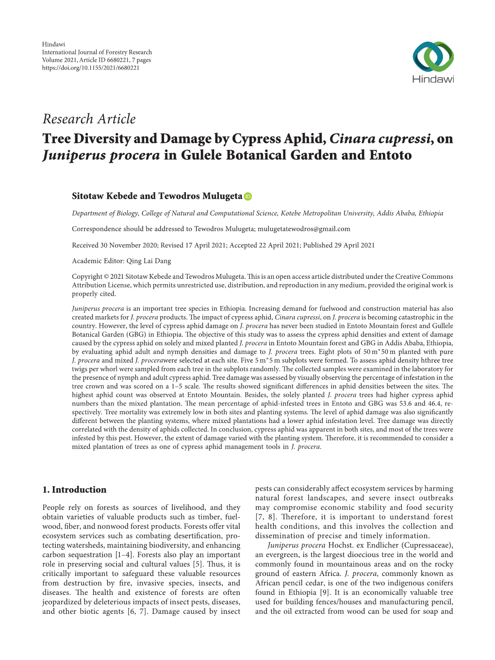 Tree Diversity and Damage by Cypress Aphid, Cinara Cupressi, on Juniperus Procera in Gulele Botanical Garden and Entoto