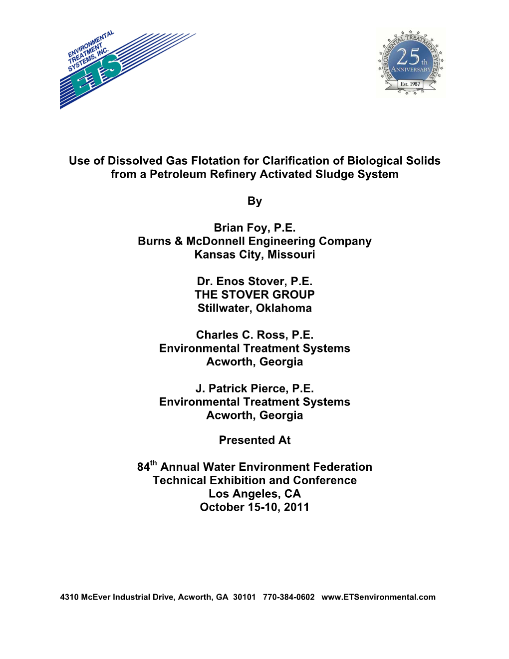 Use of Dissolved Gas Flotation for Clarification of Biological Solids from a Petroleum Refinery Activated Sludge System