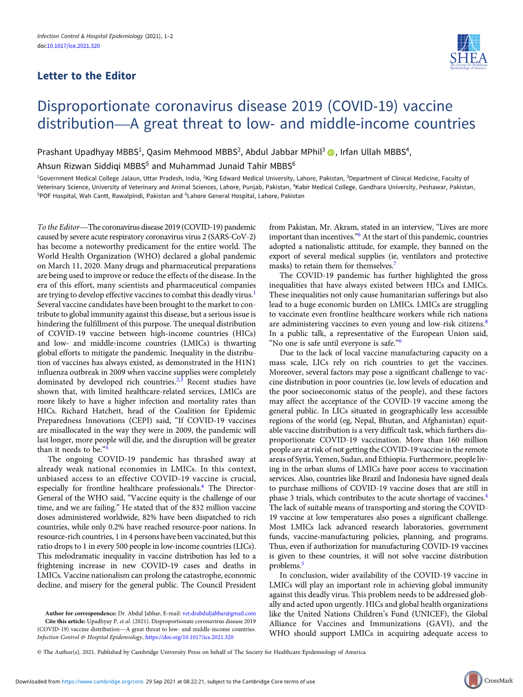 This Is an Accepted Manuscript for Infection Control & Hospital Epidemiology As Part of the Cambridge Coronavirus Collection