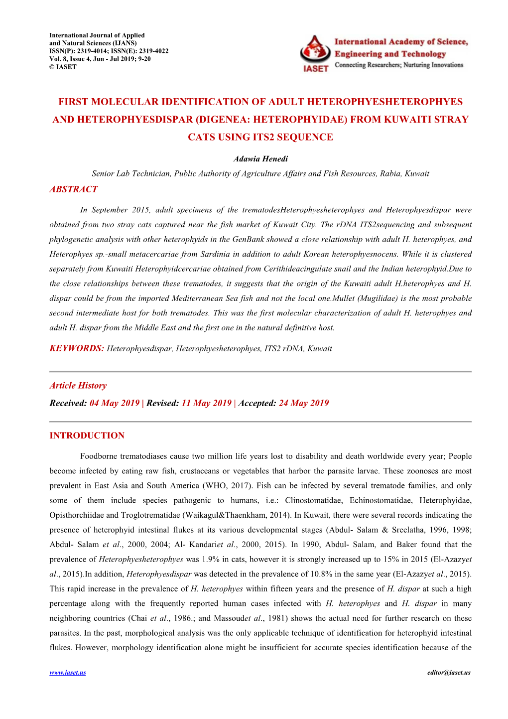 Digenea: Heterophyidae) from Kuwaiti Stray Cats Using Its2 Sequence